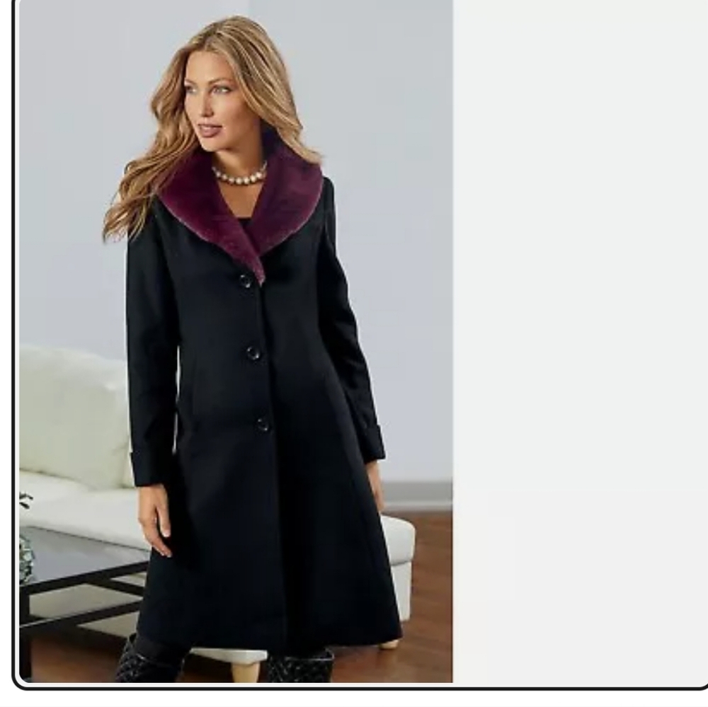 Monroe and Main Black Melowt Winter Formal Faux Fur Trim Stepanie Coat NWOT L
